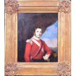 A 19th century English School portrait of a Waterloo soldier inscribed to the back: Goldsworthy, May