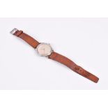 A gents Universal wristwatch white metal case with metallic Arabic numeral dial, on a brown