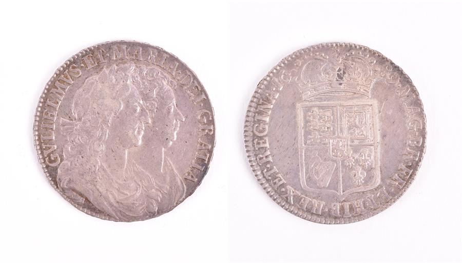 WILLIAM AND MARY, 1689-94. HALFCROWN, 1689. PRIMO. Obv: Conjoined busts right, second L/M in