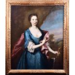 Manner of Sir Peter Lely an 18th century portrait of a noble woman wearing a silk dress, with pink