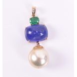 An emerald, sapphire, and pearl pendant set with a large round white pearl, 15 mm diameter,