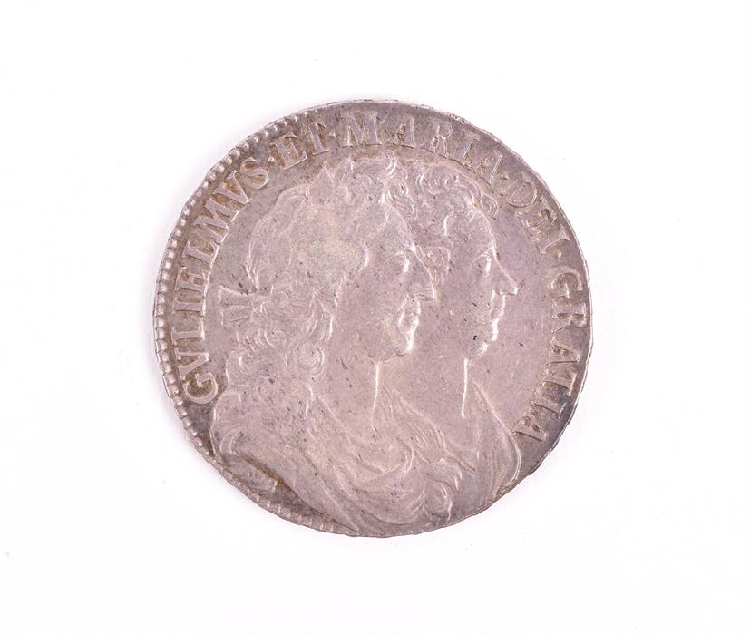 WILLIAM AND MARY, 1689-94. HALFCROWN, 1689. PRIMO. Obv: Conjoined busts right, second L/M in - Image 2 of 3