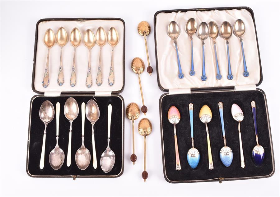 Four sets of six various silver and enamel spoons polychrome decorated, together with a set of - Image 2 of 2