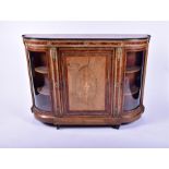 A Victorian ormolu mounted burr walnut veneered breakfront credenza the central cupboard door with