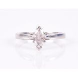 A platinum and diamond ring set with a marquise-cut diamond of approximately 0.75 carats, size N,