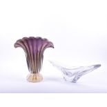 A large fan shaped Murano vase designed with purple ribbed moulded glass with gold reflections,
