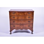 A Queen Anne style serpentine fronted burr walnut chest of drawers comprising four long graduated
