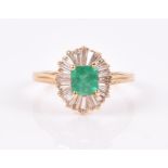 An 18ct yellow gold, diamond, and emerald cluster ring set with a square-cut emerald surrounded with