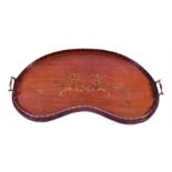 An Edwardian kidney-shaped twin-handled tray the mahogany base inlaid with acanthus scroll parquetry