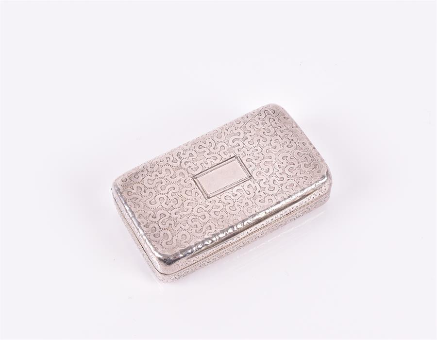 Georgian silver snuff box hallmarked London 1820, of rectangular form with engraved decoration and
