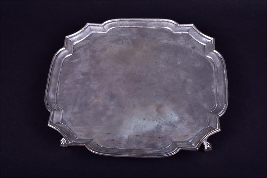 A George V silver salver of shaped square form by Edward Barnard & Sons Ltd, London 1926, on four - Image 3 of 4
