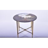 A novel Edwardian occasional table the circular slate top painted in oils depicting a Royal