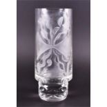 A large 1960s-70s Czech cut glass vase the tapered cylindrical body cut and matted with an