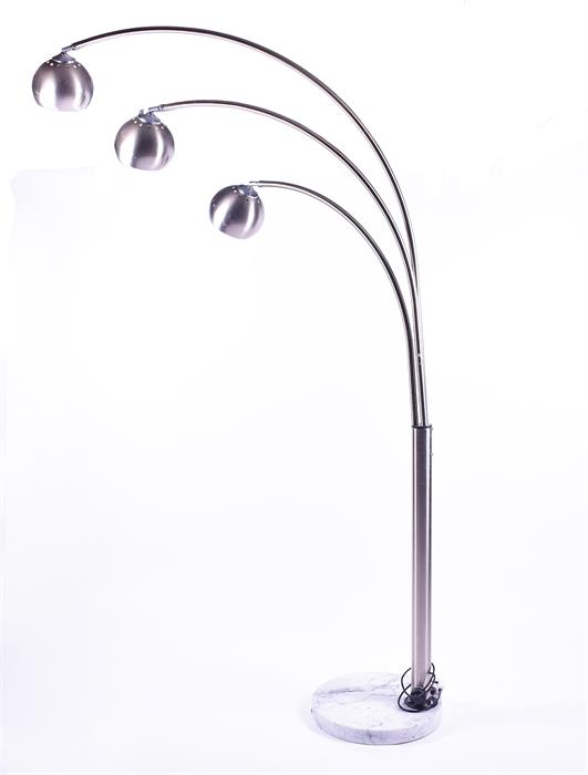 A 1970s-80s Italian 'Triple Arc' floor lamp, with three rotating curving arms, each with spun