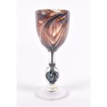 A 1970s British studio glass display goblet the colourless glass with internal curving trailed