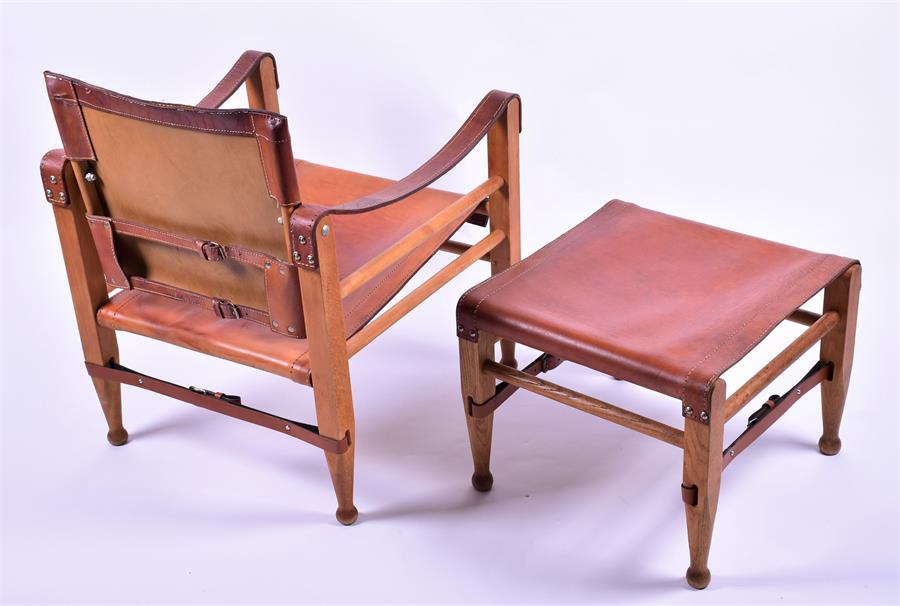 A 1950s-60s Danish Fredericia oak and brown saddle leather Model 2221 Safari chair, with rare - Image 6 of 9