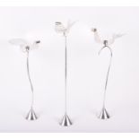 A very rare set of three late 20thC Italian Cleto Munari 'Birds' white metal candleholders, designed