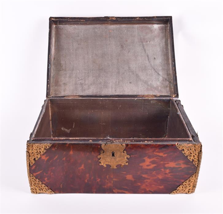 A large 18th century tortoiseshell chest of sarcophagus form with a hinged lid opening to reveal a - Image 10 of 14