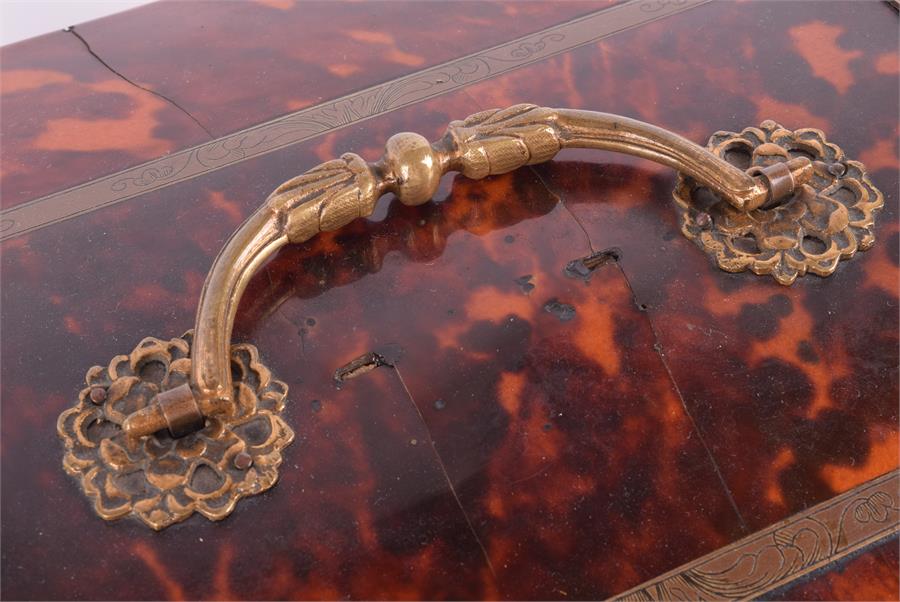 A large 18th century tortoiseshell chest of sarcophagus form with a hinged lid opening to reveal a - Image 9 of 14