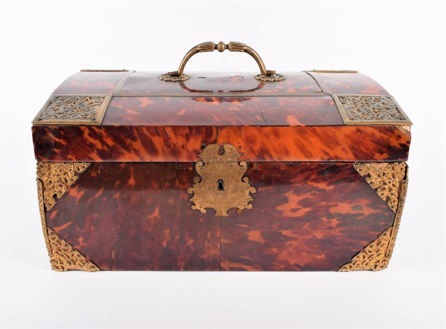 A large 18th century tortoiseshell chest of sarcophagus form with a hinged lid opening to reveal a - Image 2 of 14