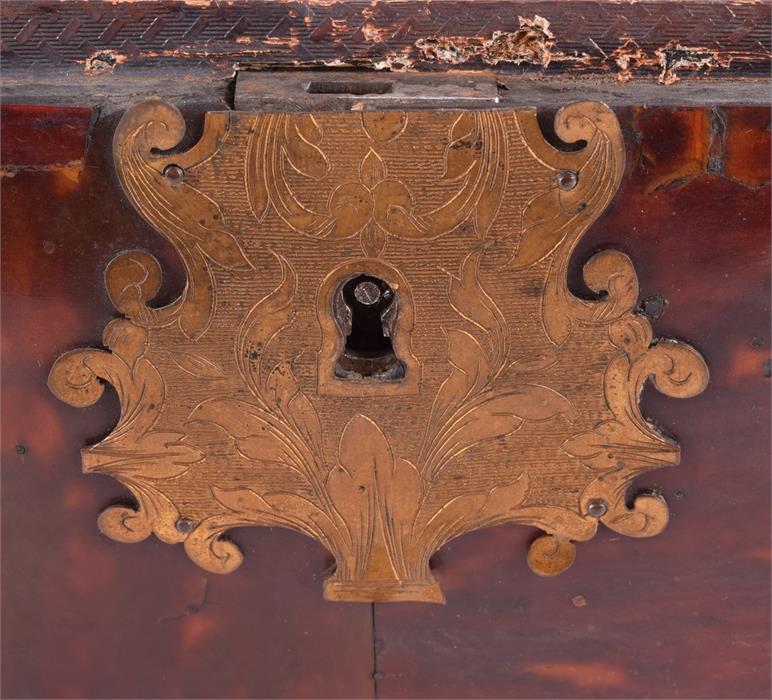 A large 18th century tortoiseshell chest of sarcophagus form with a hinged lid opening to reveal a - Image 11 of 14