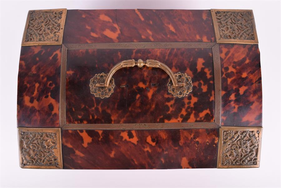 A large 18th century tortoiseshell chest of sarcophagus form with a hinged lid opening to reveal a - Image 8 of 14