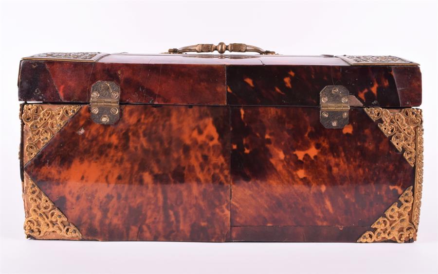 A large 18th century tortoiseshell chest of sarcophagus form with a hinged lid opening to reveal a - Image 6 of 14