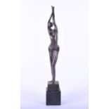 A French 20th century bronze figural sculpture modelled as an abstract stretching woman, raised on a