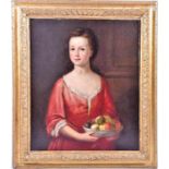 An 18th century English School portrait of a girl in a red gown, holding a bowl of fruit, oil on