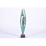 An abstract green-painted metalware sculpture of tall linear form, with stylised figures, mounted on