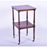 A William IV mahogany two-tier etagere of square form, with turned pillars and legs, supported on