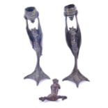 A pair of Gothic 19th century cast bronze candlesticks in the form of devils together with a small