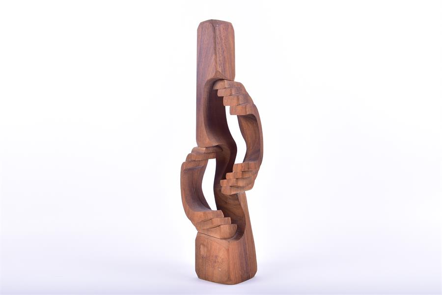Brian Wilshire (contemporary) British an abstract wooden sculpture of vertical form with inset cut