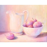 Trisha Hardwick (b. 1949) British 'Plums & cream', depicting a still life of plums in a bowl with