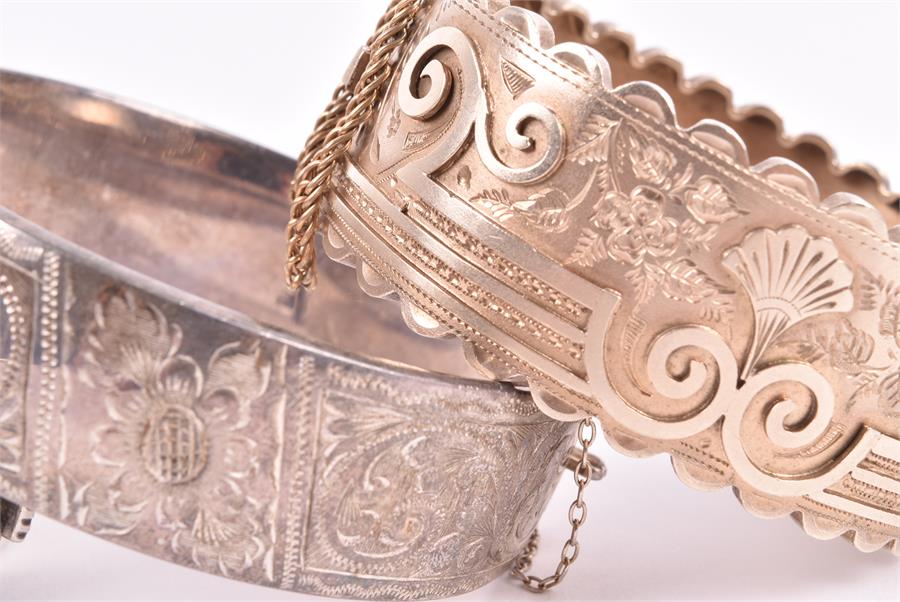 A Victorian Revivalist style silver bangle by Sydenham bros, together with three late 19th / early - Image 4 of 4