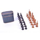 A 19th century ebony and boxwood German chess set  one boxwood pawn missing, Kings 9.5cm, in the