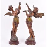 A pair of French late 19th century spelter figures after Moreau titled 'Inspiration' and 'Melodie'