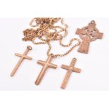 Four 9ct yellow gold cross-shaped pendants together with two 9ct yellow gold chains. (qty) CONDITION