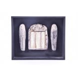 Lorna Graves, British, (1947 - 2006) 'Guardians Of The Temple' a box-framed Raku sculpture trio, a