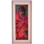 Maurice Man, British, (1921-1997) 'Woman In Red Robe' oil on board, in a canvas-lined frame,