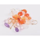 A pair of yellow metal and faceted amethyst drop earrings together with another pair of yellow metal