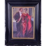 An early 20th century study of a conversing couple smartly dressed in a red dress and dinner jacket,