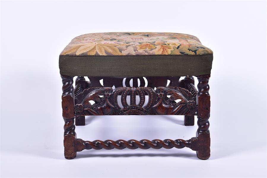 An 18th or early 19th century needlework stool the seat depicting a country house over a carved - Image 2 of 4