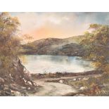 Gwyneth Tomos (20th century) Welsh 'Llyn Geirionydd' depicting the lake and the Carneddau mountains,