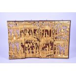 A set of four gilded wood Chinese panels  each depicting a carved decoration of figures at various
