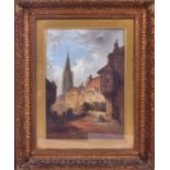 19th century Continental school a street scene with Cathedral tower to the background, oil on