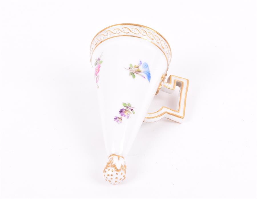 A 19th century Meissen porcelain candle snuffer painted with sprays of flowers and gilt - Image 3 of 5