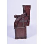 A 16th or 17th century carved oak pew end with applied cross and a carved hand rest, 95 cm x 43 cm.