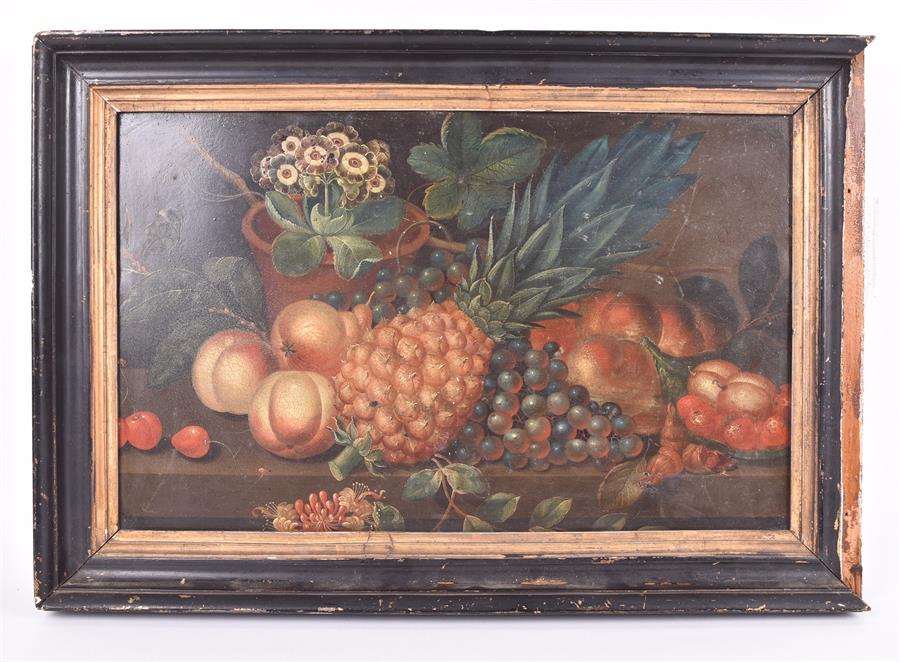 A 19th century Dutch School an exotic summer fruit still life painting, unsigned, oil on tin, within - Image 2 of 4