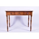 A late 19th century mahogany three-drawer side table with turned legs, 91 cm x 52 cm x 72 cm.